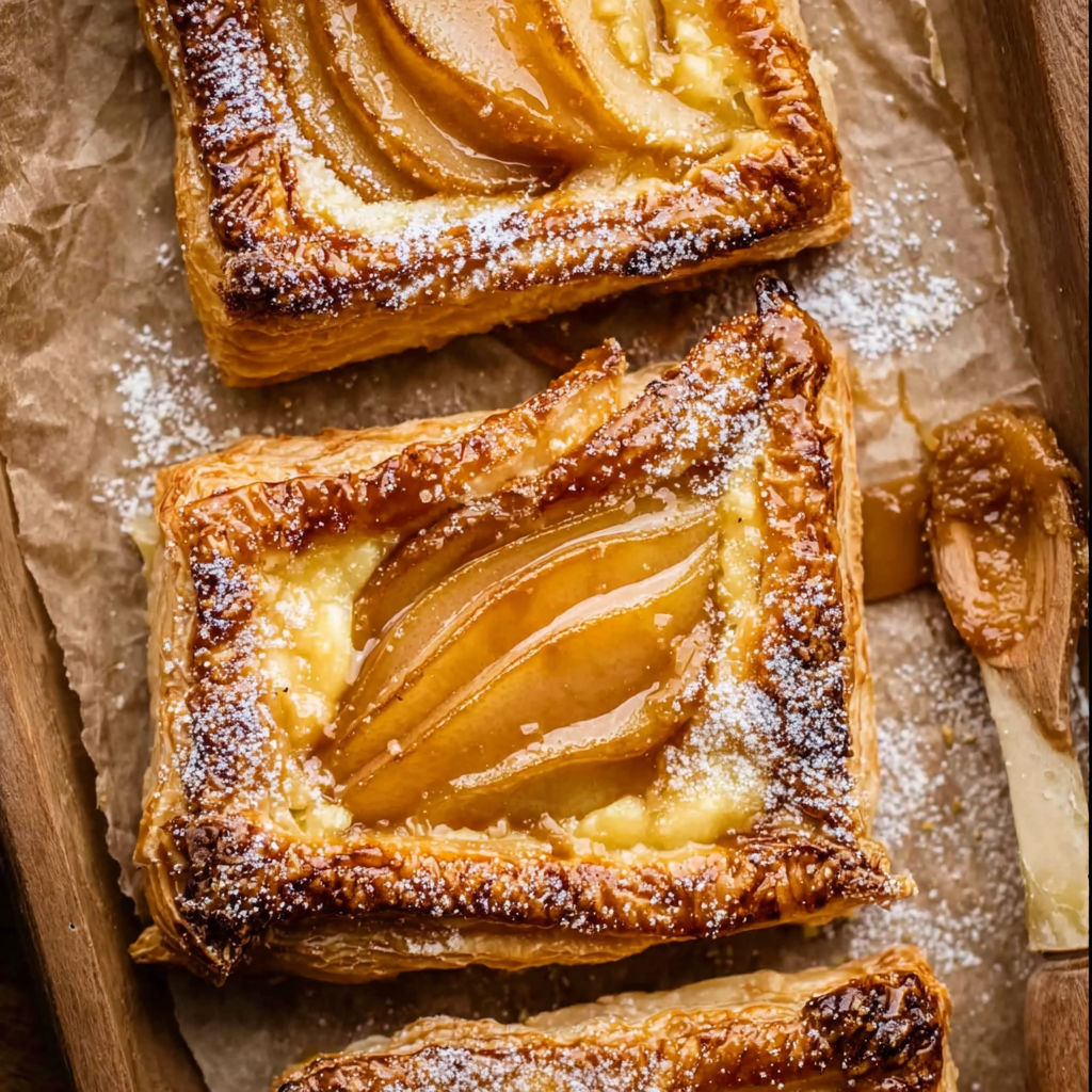 Two pieces of Salted Caramel Pear Tarts on a wooden tray.