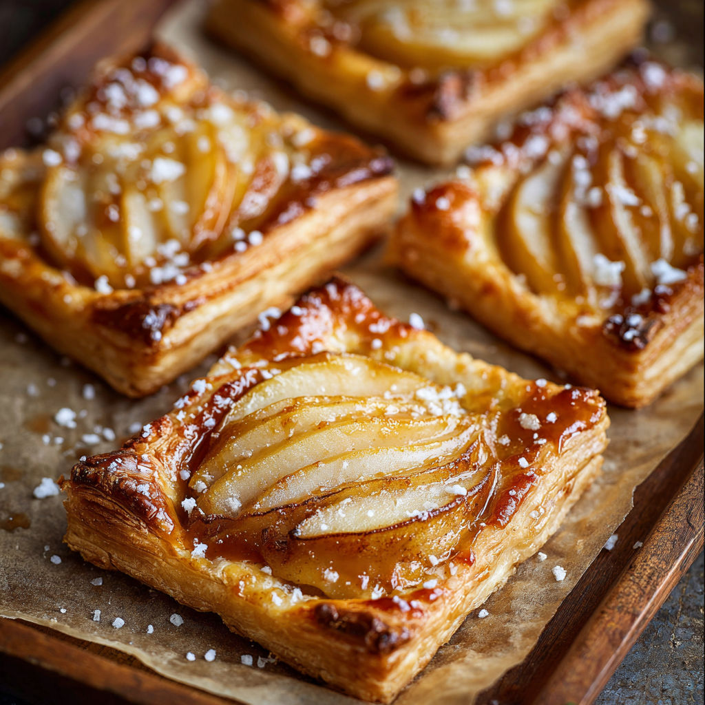 A tray of Salted Caramel Pear Tarts with a dusting of powdered sugar.
