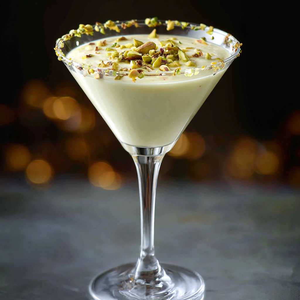 A glass of White Chocolate Pistachio Martini is displayed on a table.