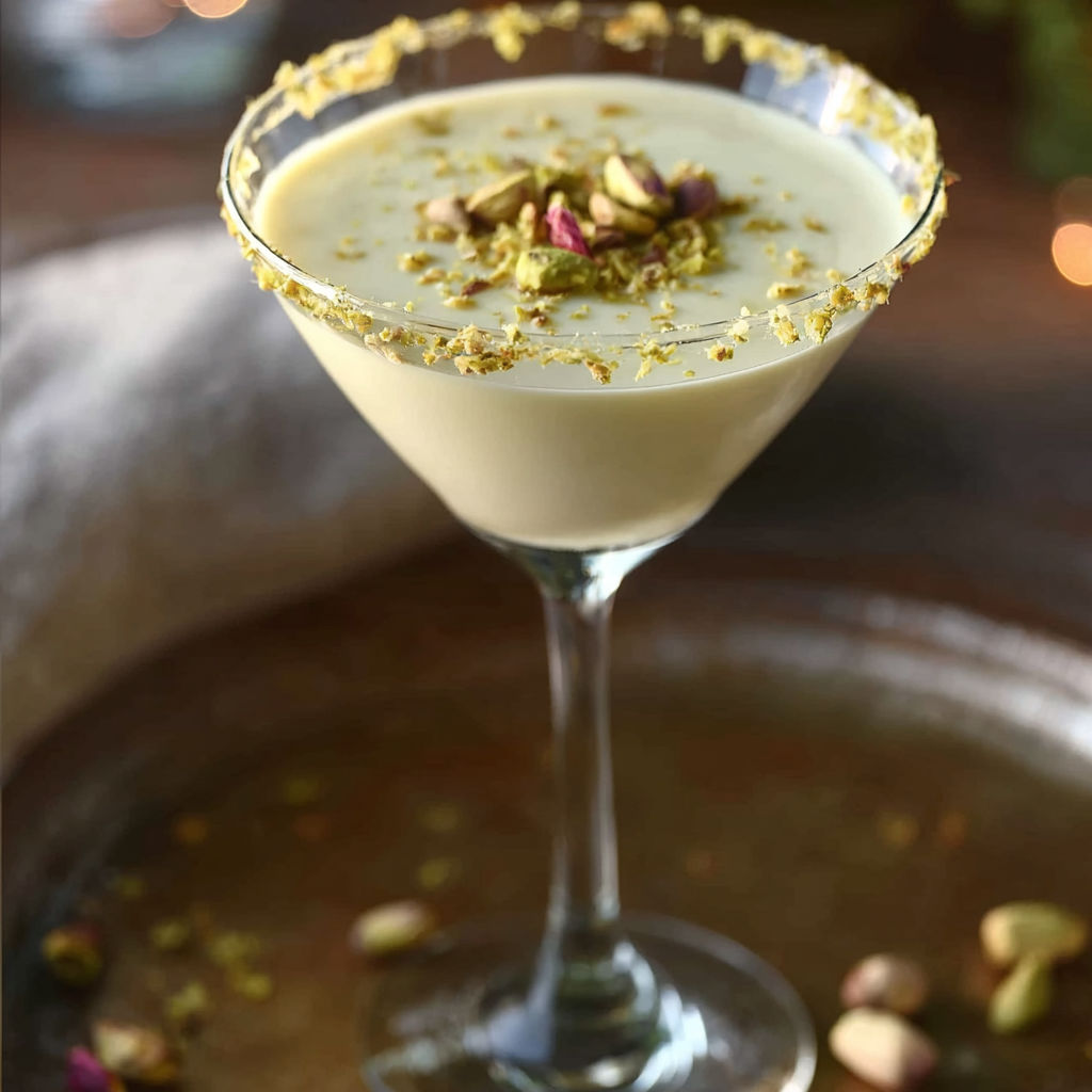 A glass of a creamy dessert with a sprinkle of nuts on top.