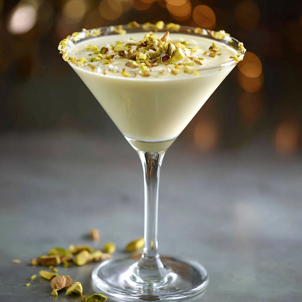 A martini glass filled with a white drink and topped with almonds.