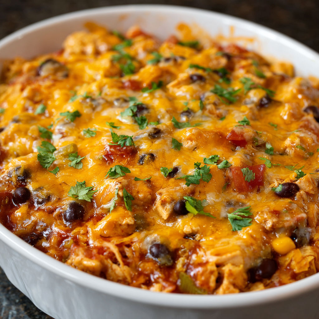A bowl of Chicken Taco Casserole with a variety of ingredients, including chicken, beans, tomatoes, and cheese.