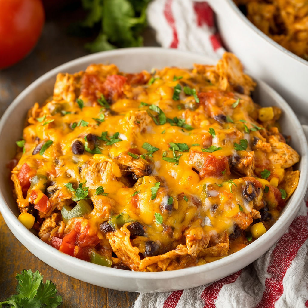 A delicious Chicken Taco Casserole is served in a white bowl.