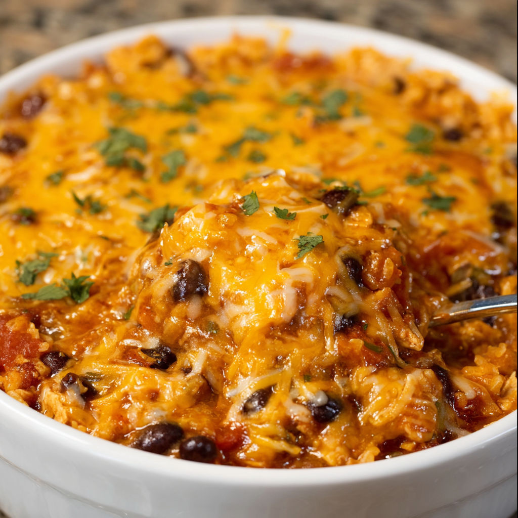 A bowl of Chicken Taco Casserole is filled with cheese, beans, and other ingredients, making it a delicious and hearty meal.