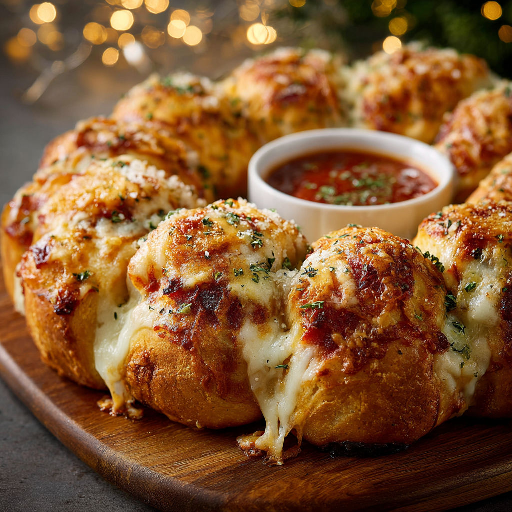 A plate of pizza bomb wreaths with a bowl of sauce on the side.