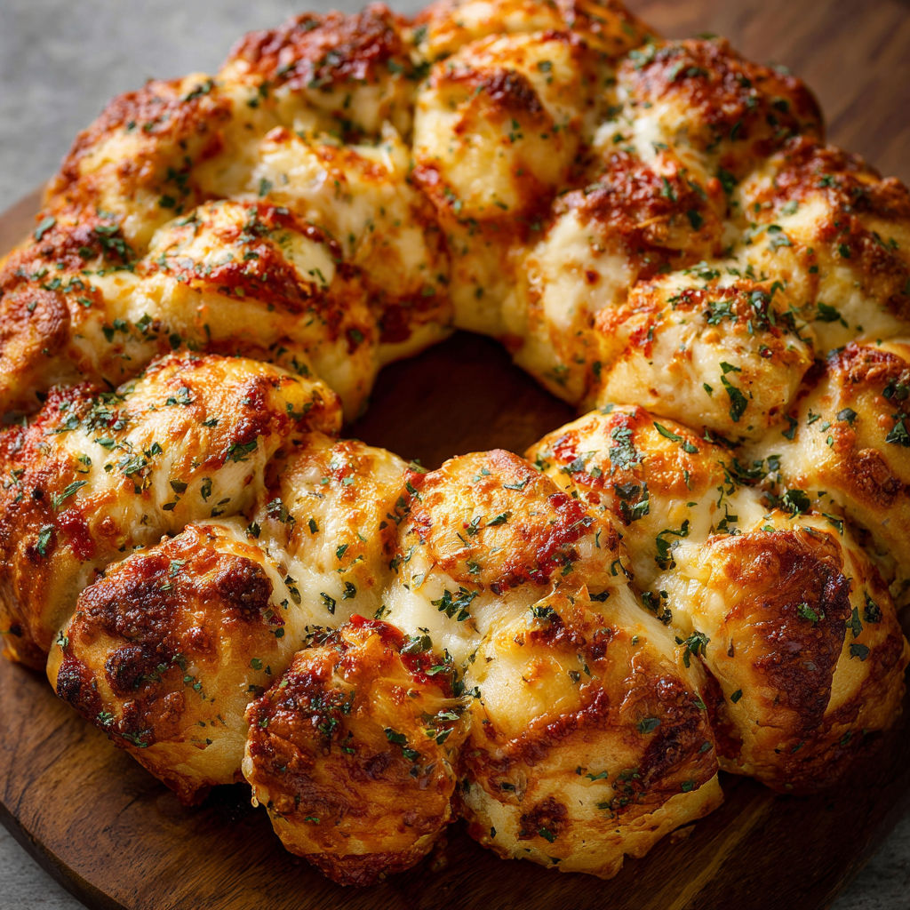 A cheesy bread dish is displayed on a wooden cutting board.