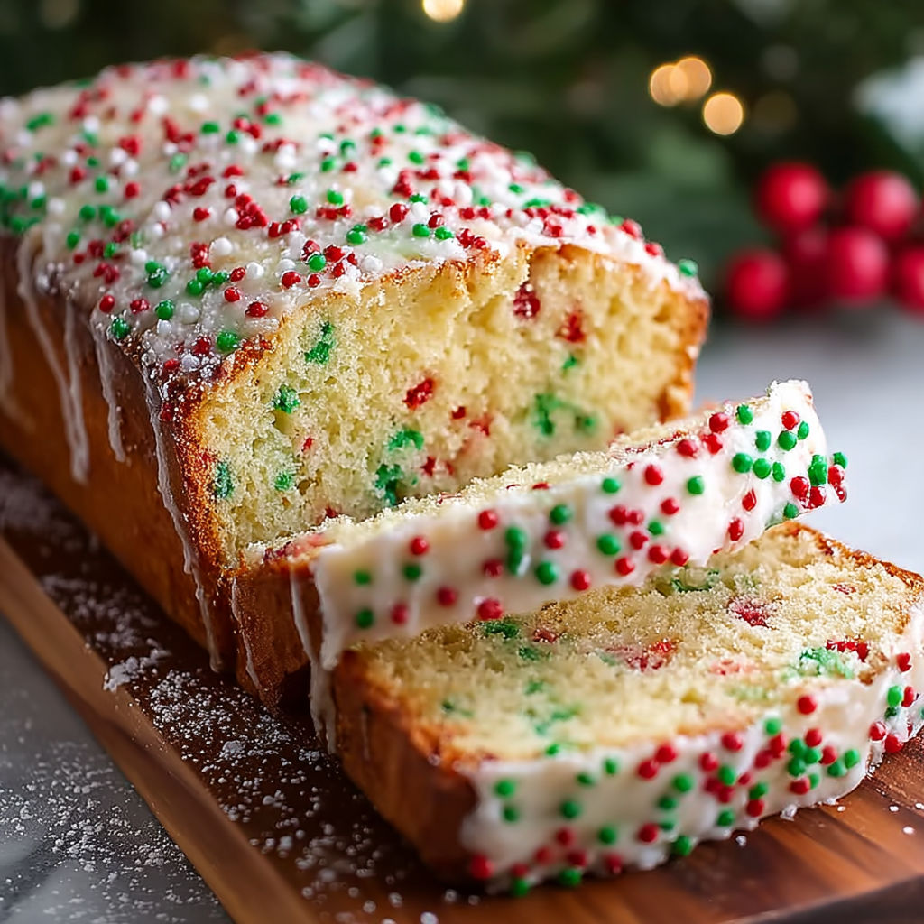 A slice of Christmas Sprinkle Buttermilk Bread is displayed on a wooden cutting board.