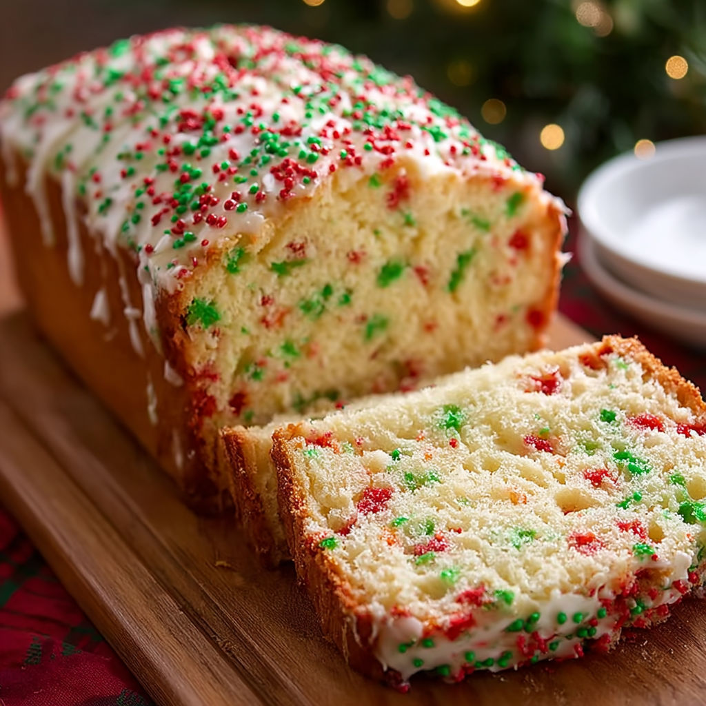 A slice of cake with white frosting and red and green sprinkles on a wooden table.