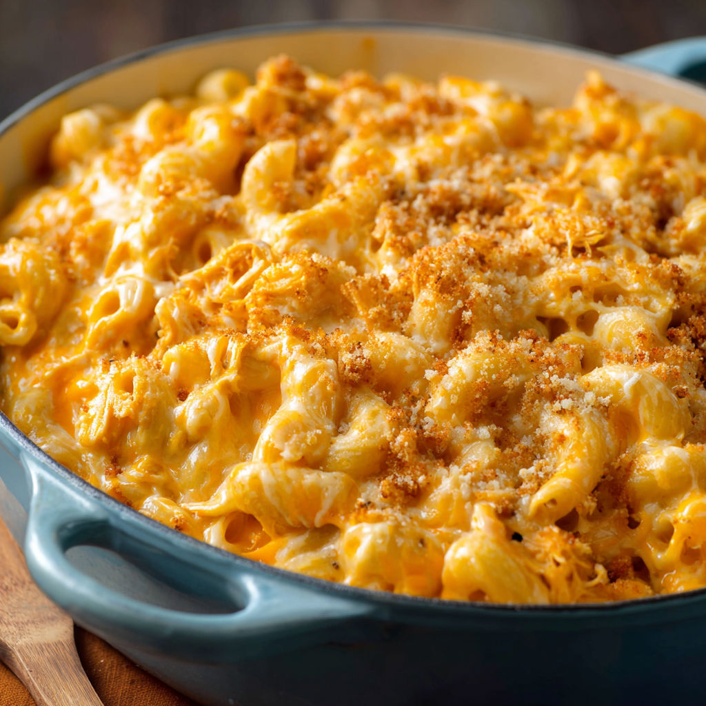 A bowl of macaroni and cheese with a wooden spoon in it.