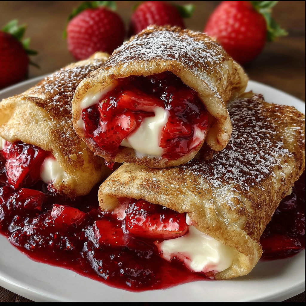 A plate of Strawberry Cheesecake Chimichangas with a dollop of whipped cream on top.