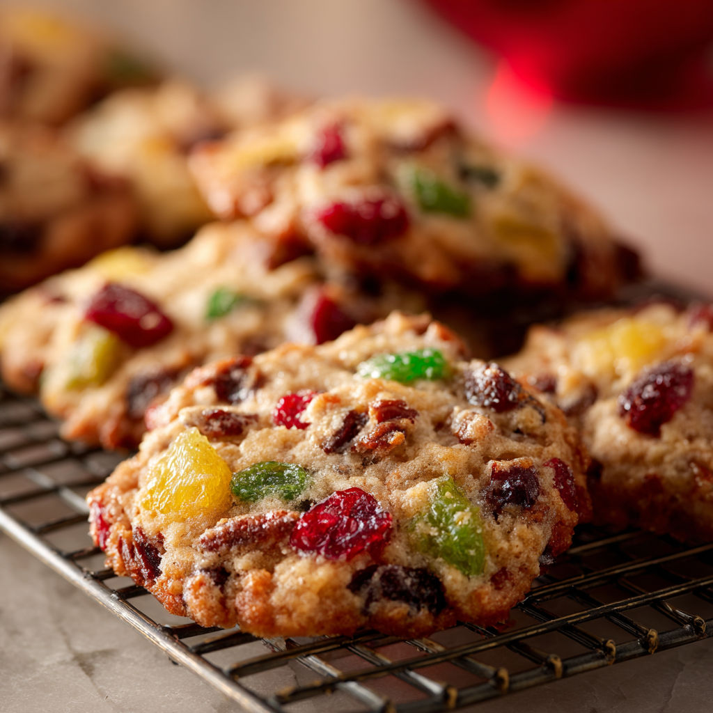 A plate of Christmas Fruitcake Cookies with colorful fruit toppings.