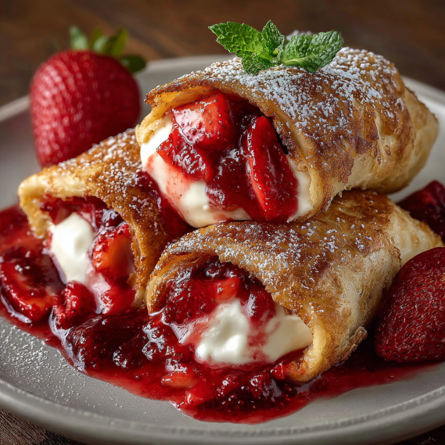 A plate of Strawberry Cheesecake Chimichangas is presented, featuring a delicious combination of strawberries and cream.