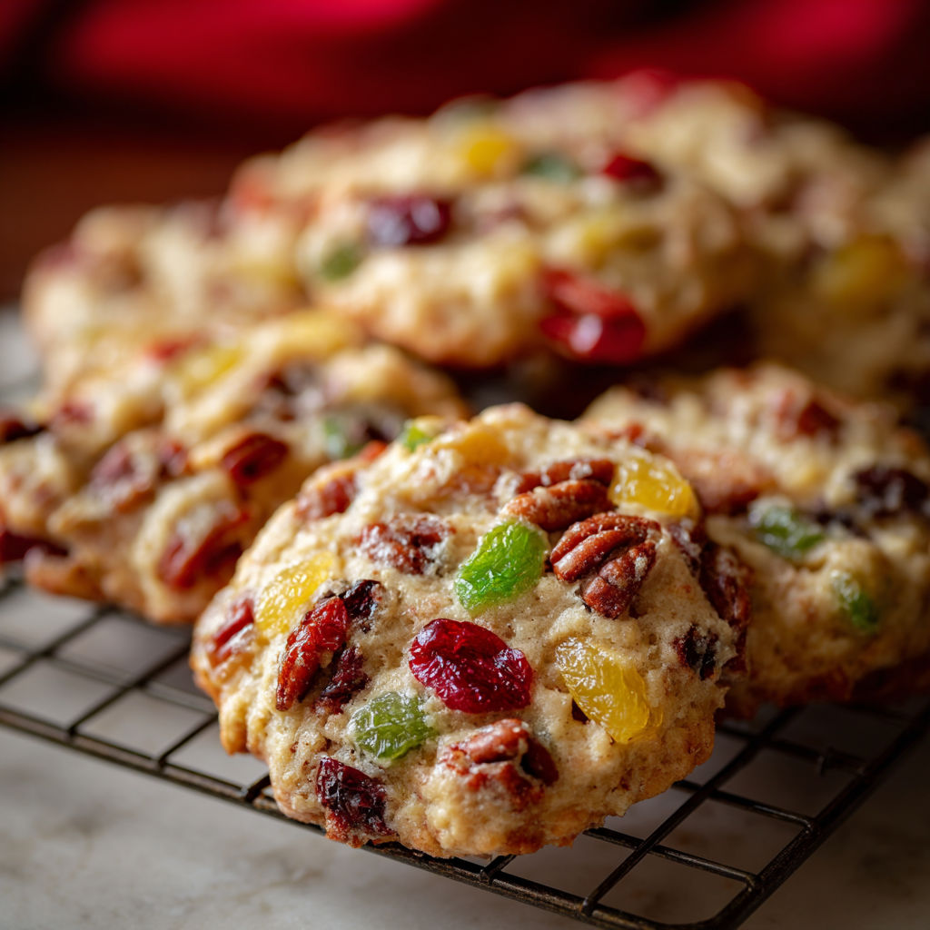 A tray of colorful cookies with a mix of fruits and nuts.