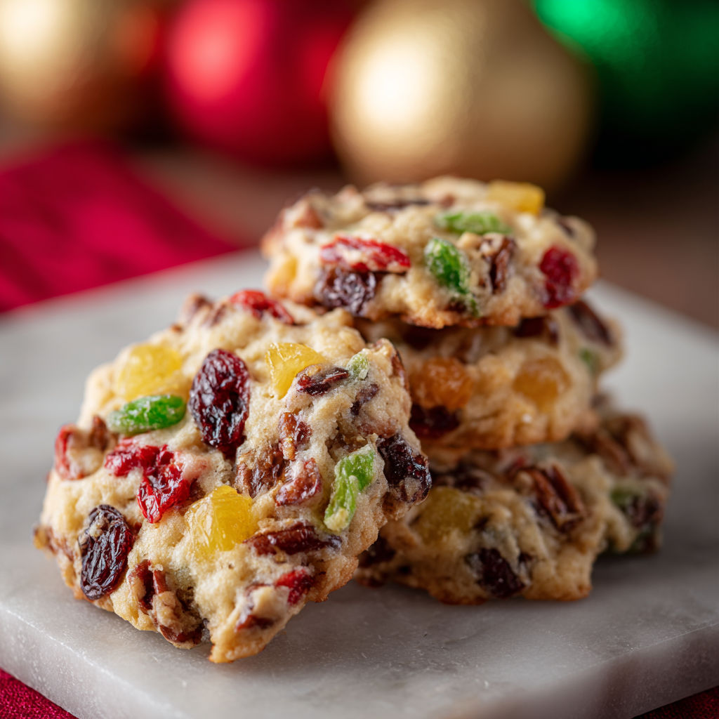 A stack of cake bars with fruit toppings, such as cranberries and orange slices, on a marble countertop.