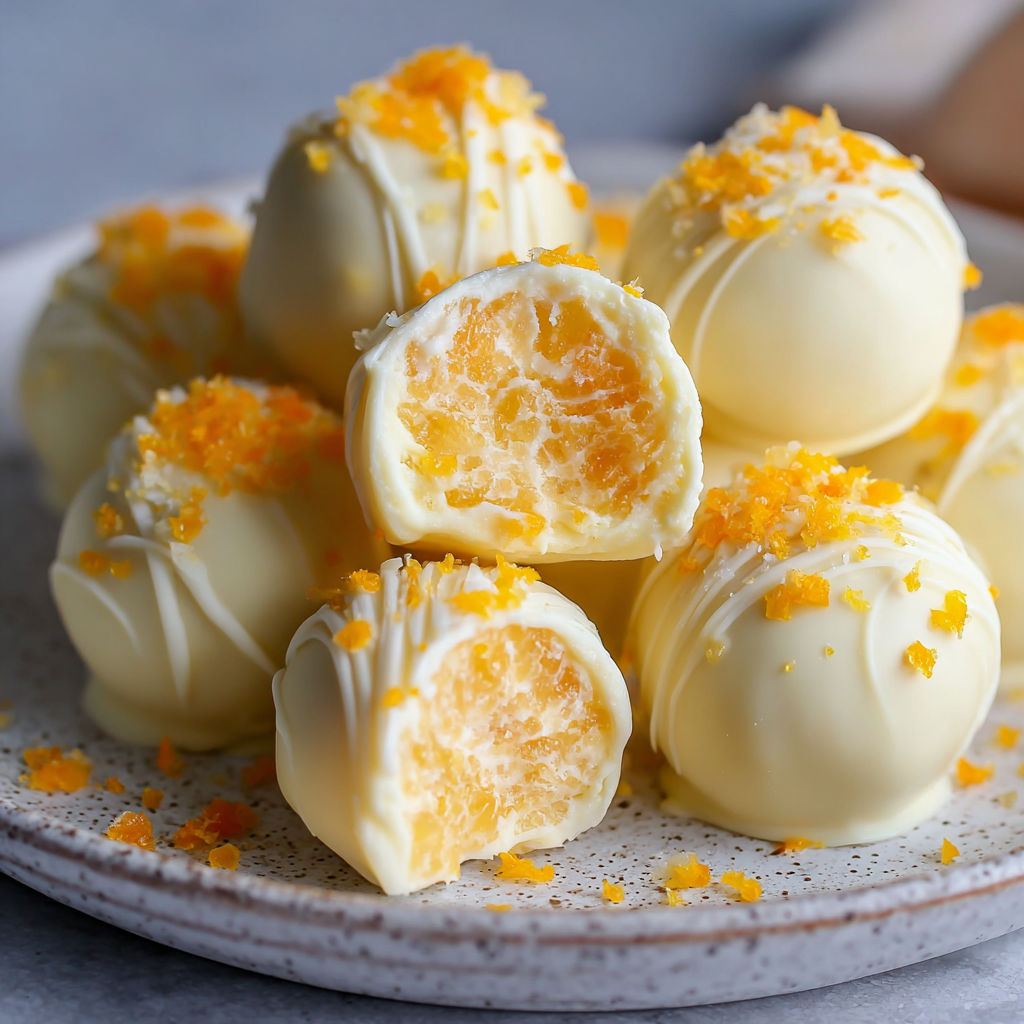 A plate of White Chocolate Orange Creamsicle Truffles, with a total of 12 truffles, some of which are partially covered in orange zest.