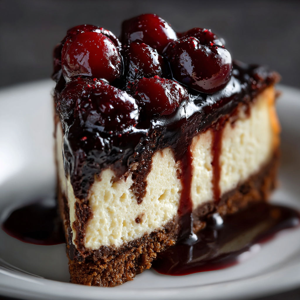A slice of cheesecake with cherries on top, drizzled with chocolate sauce.