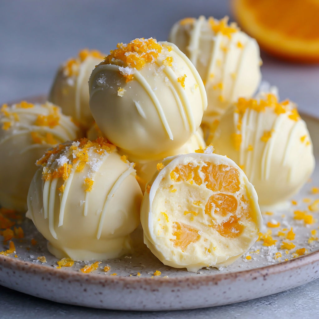 A plate of white and orange desserts, possibly orange and white chocolate truffles, are displayed on a table.