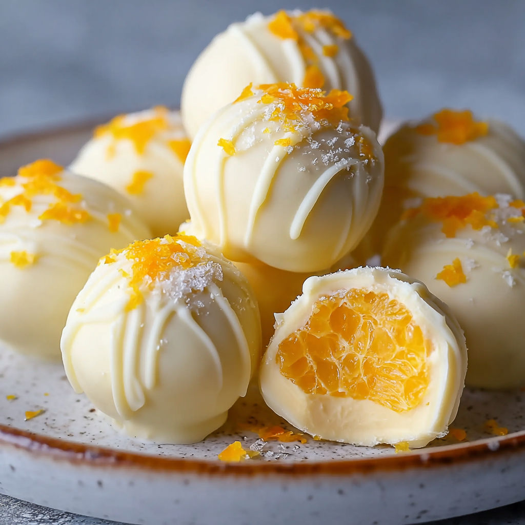 A plate of white chocolate truffles with orange zest on top.