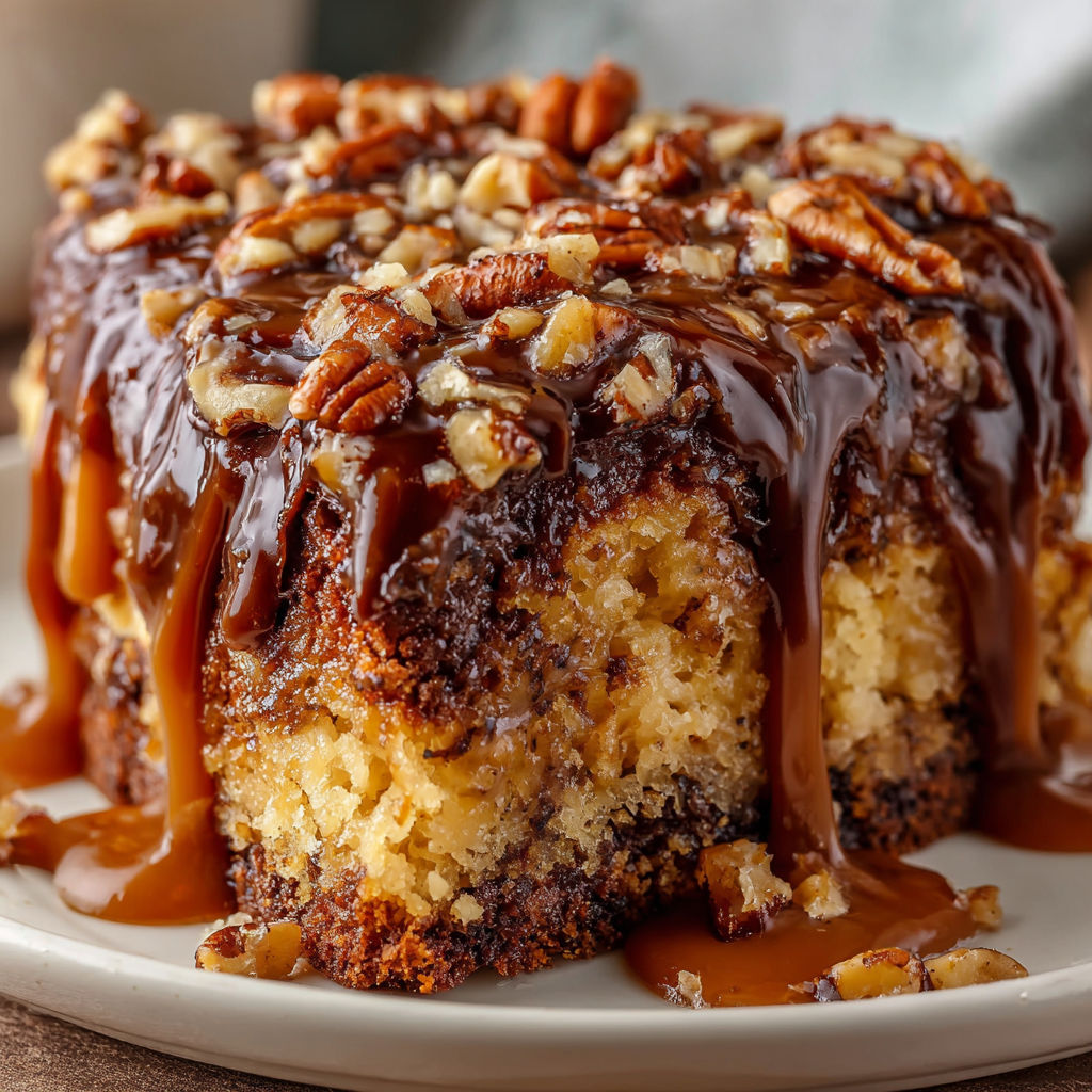 A slice of pecan pie with a caramel sauce drizzle.