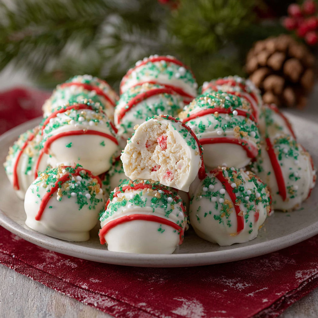A plate of Christmas candy with green and red decorations.