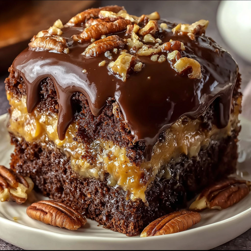A slice of chocolate cake with nuts on top.
