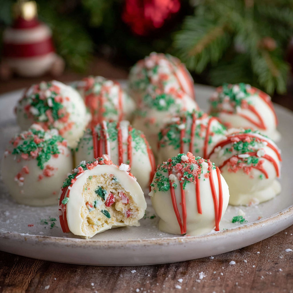 A plate of Christmas candy balls with red and green decorations.