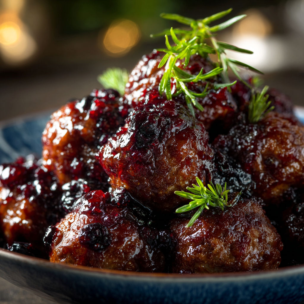 A bowl of meatballs covered in a thick sauce, garnished with parsley and a sprig of rosemary.