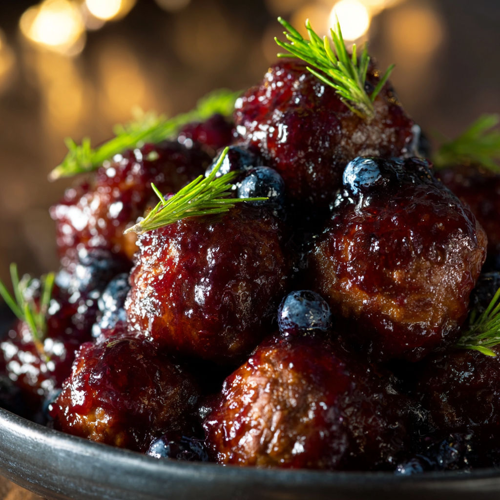 A bowl filled with meatballs covered in a sauce and garnished with blueberries.