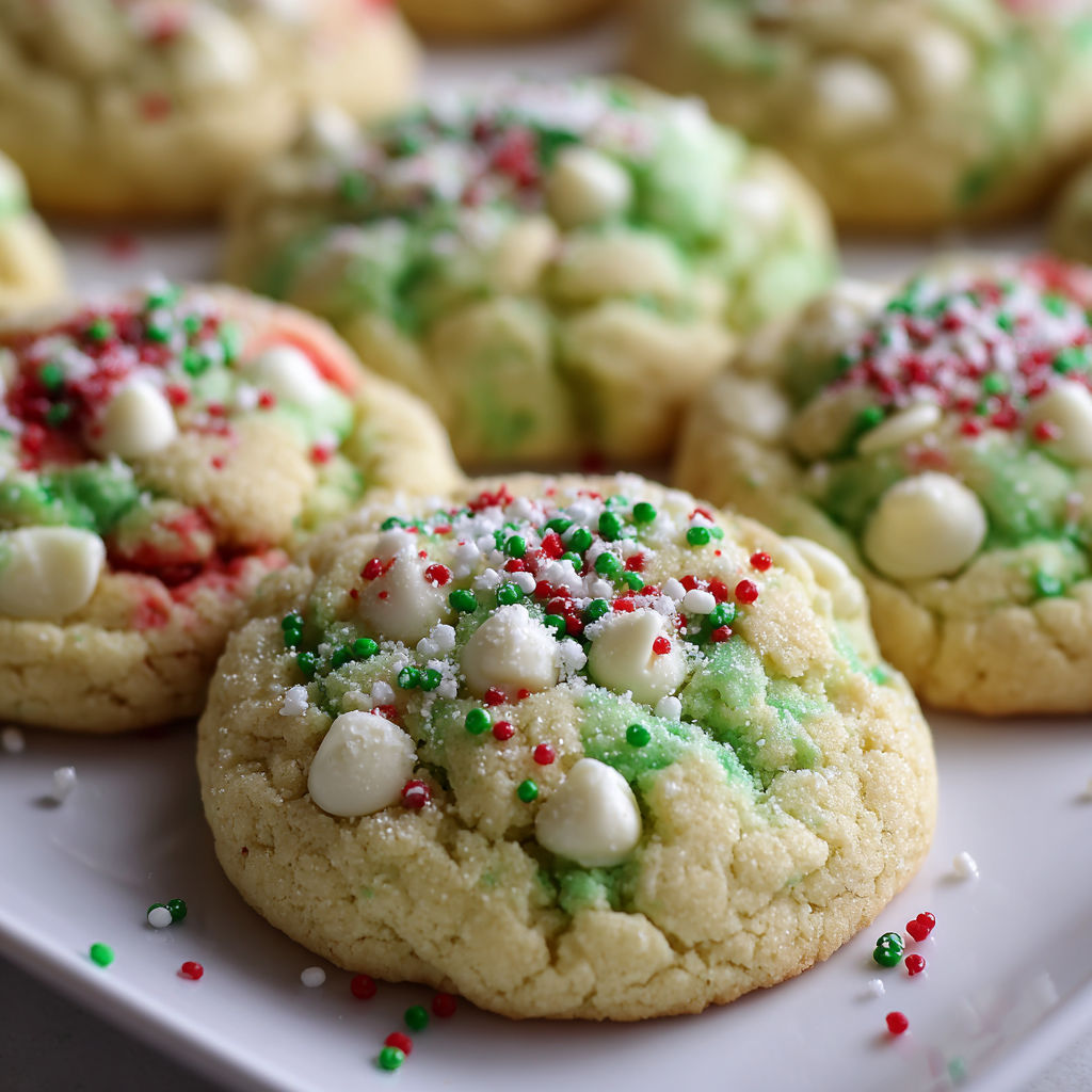 A plate of cookies with white and green sprinkles, likely a Christmas cookie recipe.