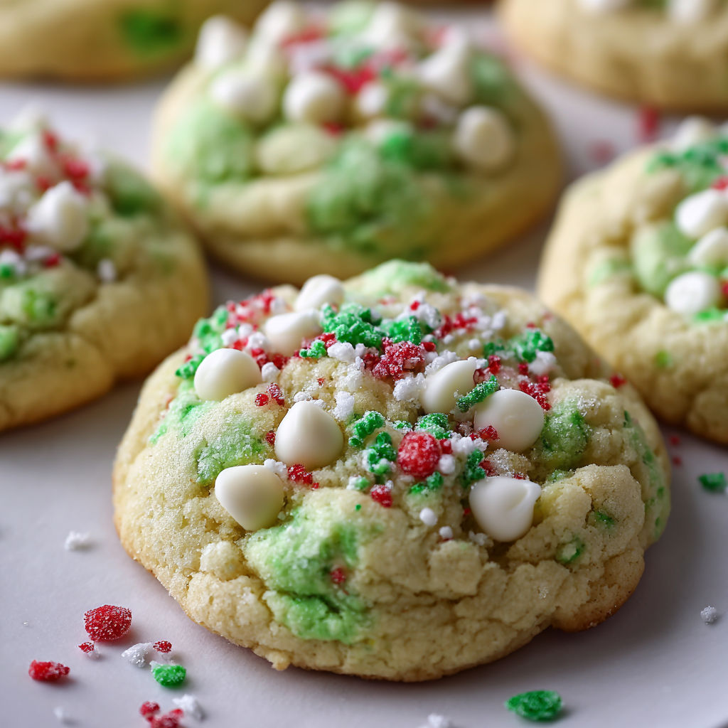 A plate of green and white cookies with white icing and sprinkles.