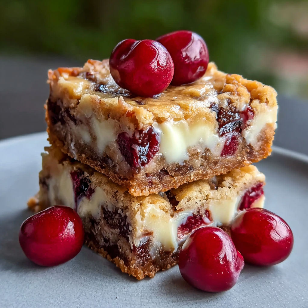 A stack of Christmas bars with cranberries and white cheese on top.