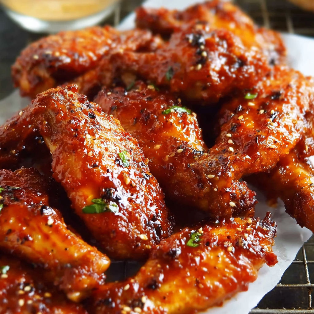 A plate of barbecue chicken wings with a spicy sauce.