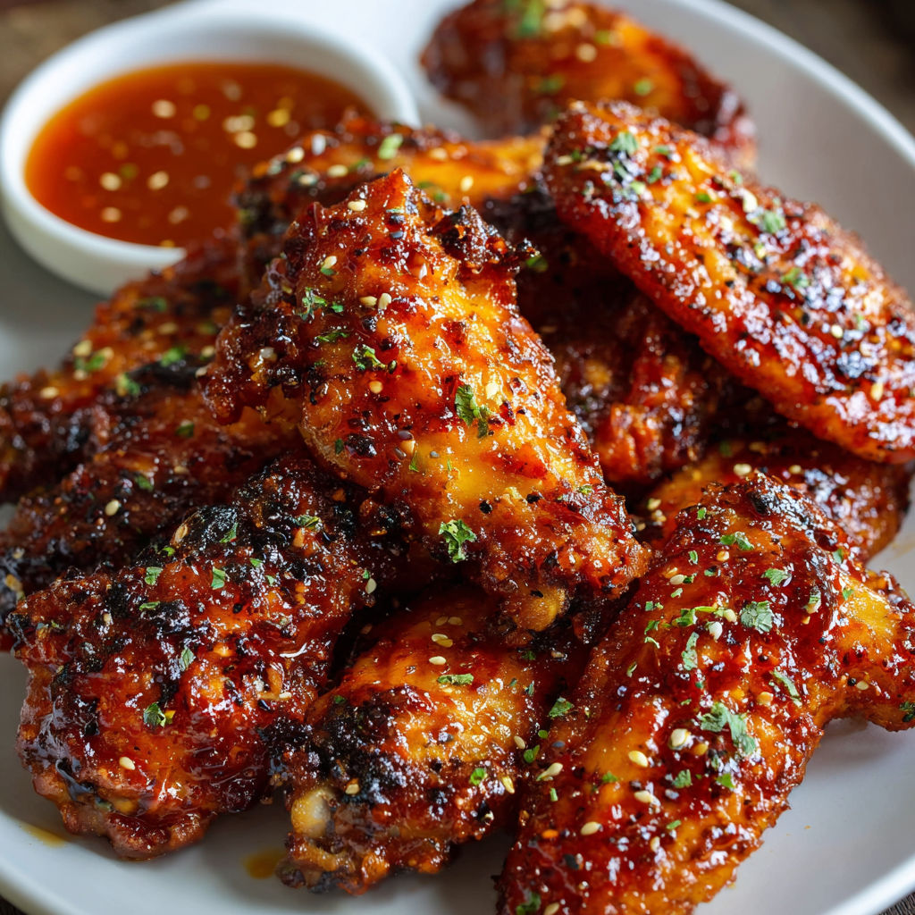 A plate of barbecue chicken wings with a dipping sauce.