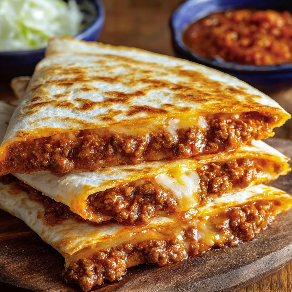 A delicious Sloppy Joe Quesadilla Flavors is served on a wooden platter.