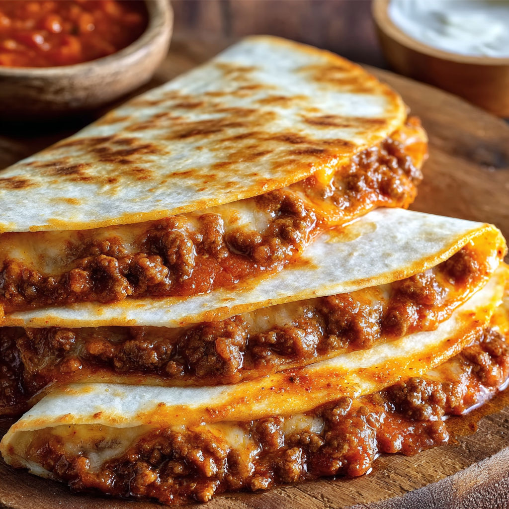 A delicious Sloppy Joe Quesadilla Flavors is served on a wooden platter.
