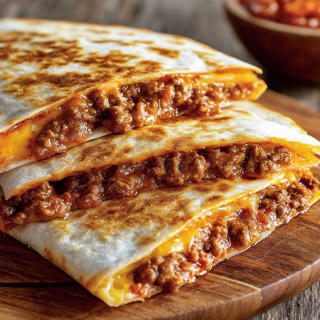A delicious Sloppy Joe Quesadilla Flavors is served on a wooden platter.