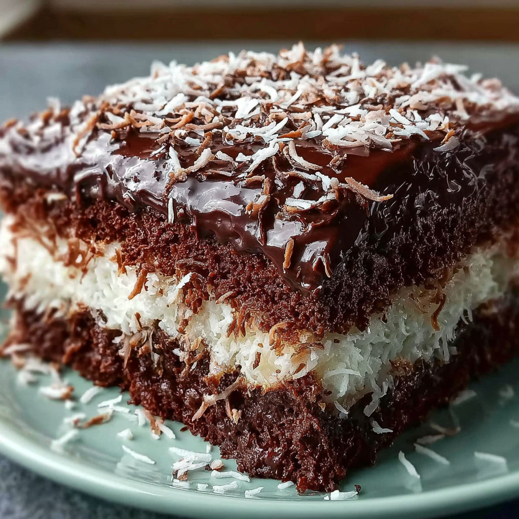 A slice of chocolate cake with coconut on top.