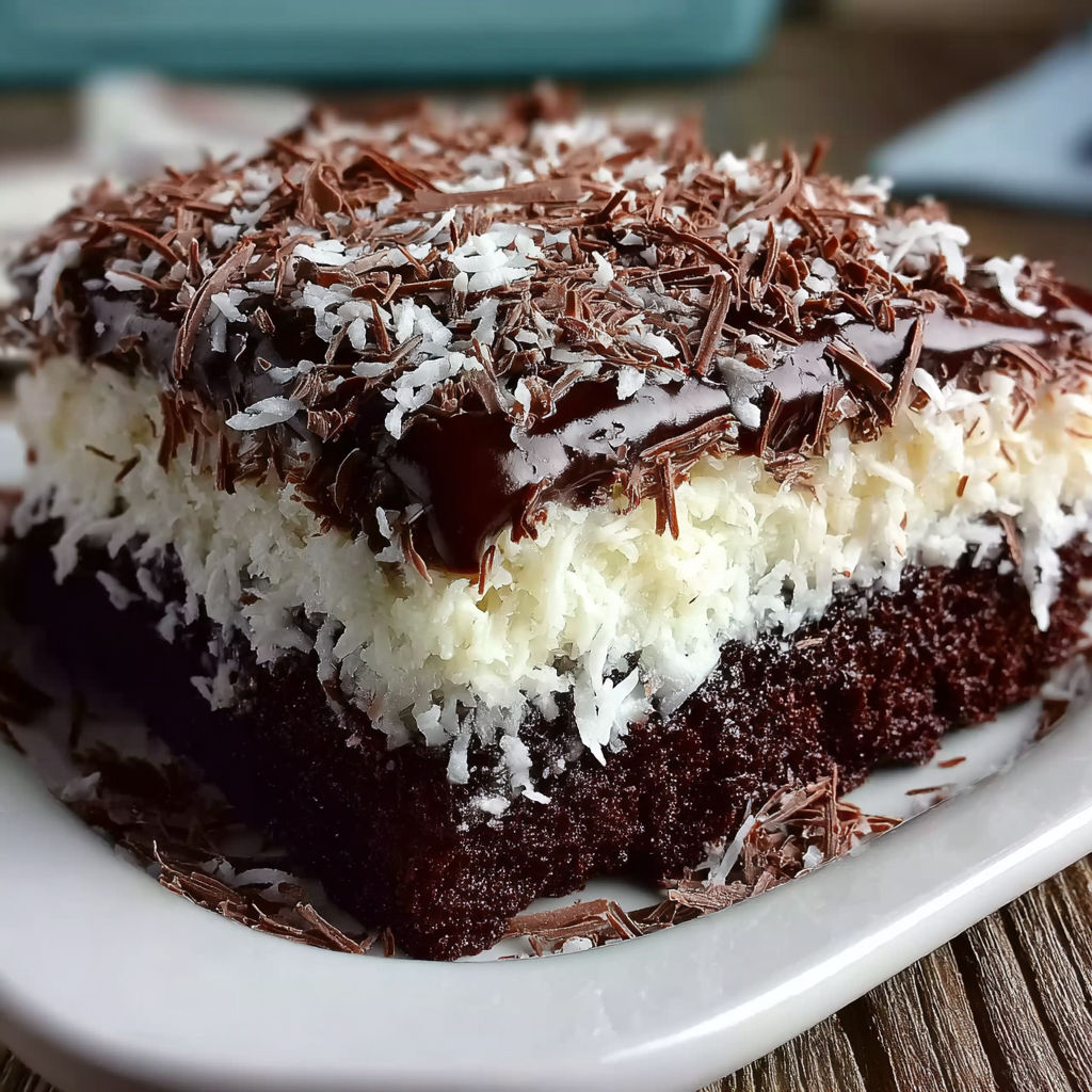 A slice of chocolate cake with white frosting and coconut sprinkled on top.