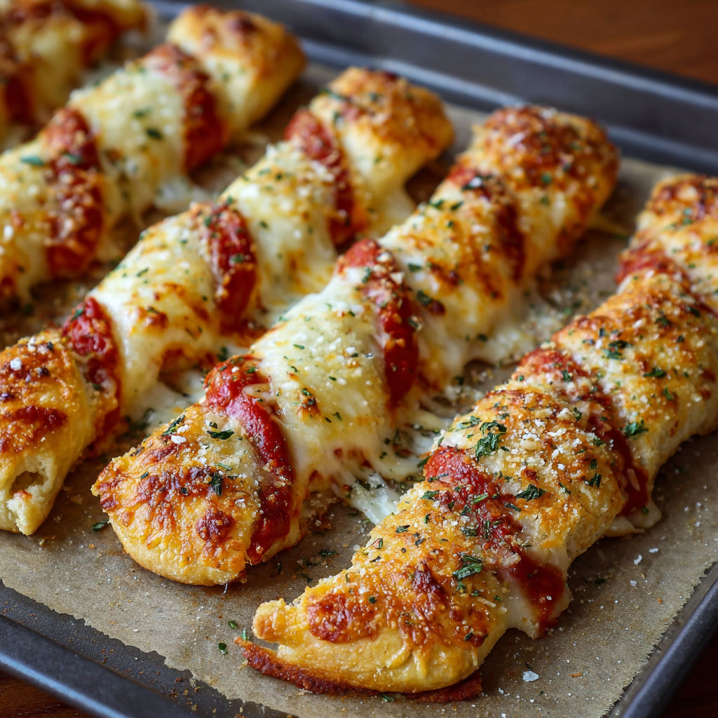 A tray of Candy Cane Pizza Breadsticks, with cheese and tomato sauce, is displayed on a table.
