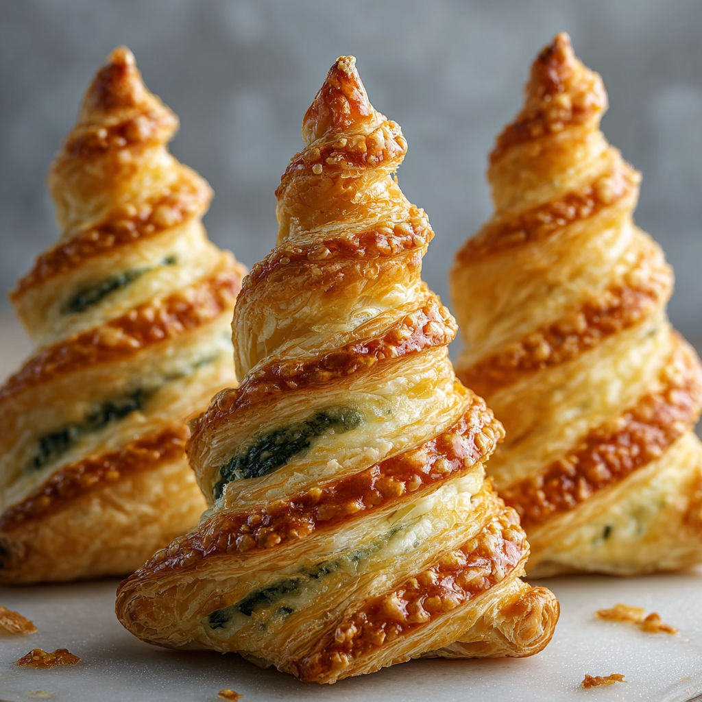 Three delicious spinach puff pastry Christmas trees on a table.
