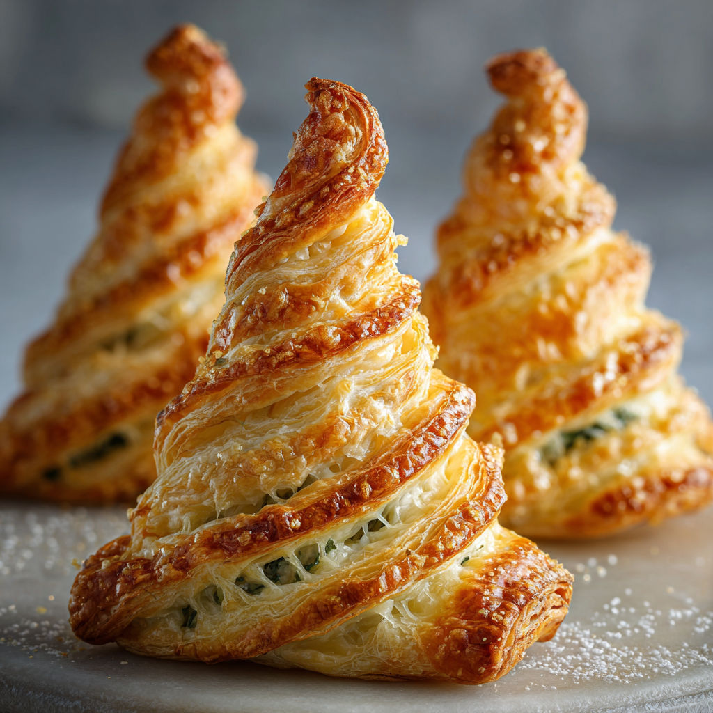 Three crescent rolls are stacked on top of each other, with one of them having a green filling.