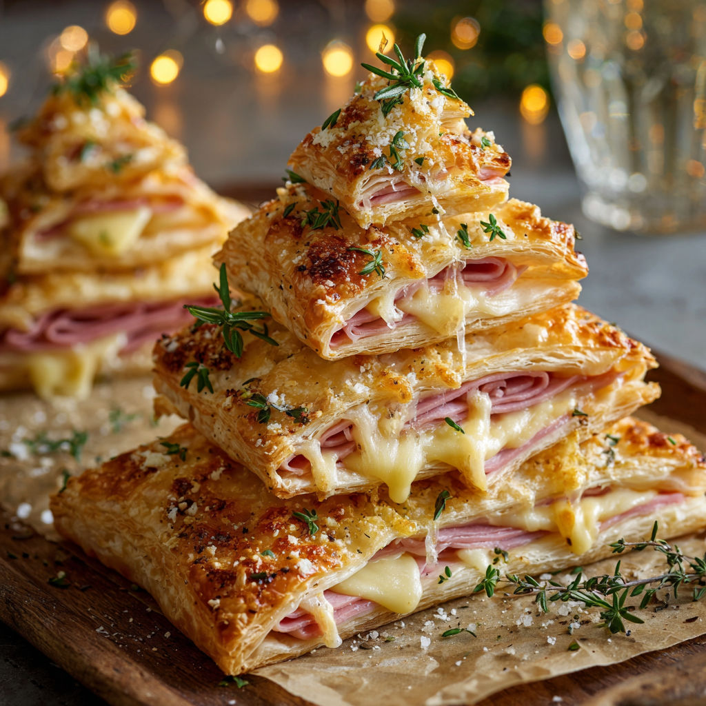 A stack of ham and cheese puff pastry sandwiches, topped with a sprig of parsley, resemble a Christmas tree.