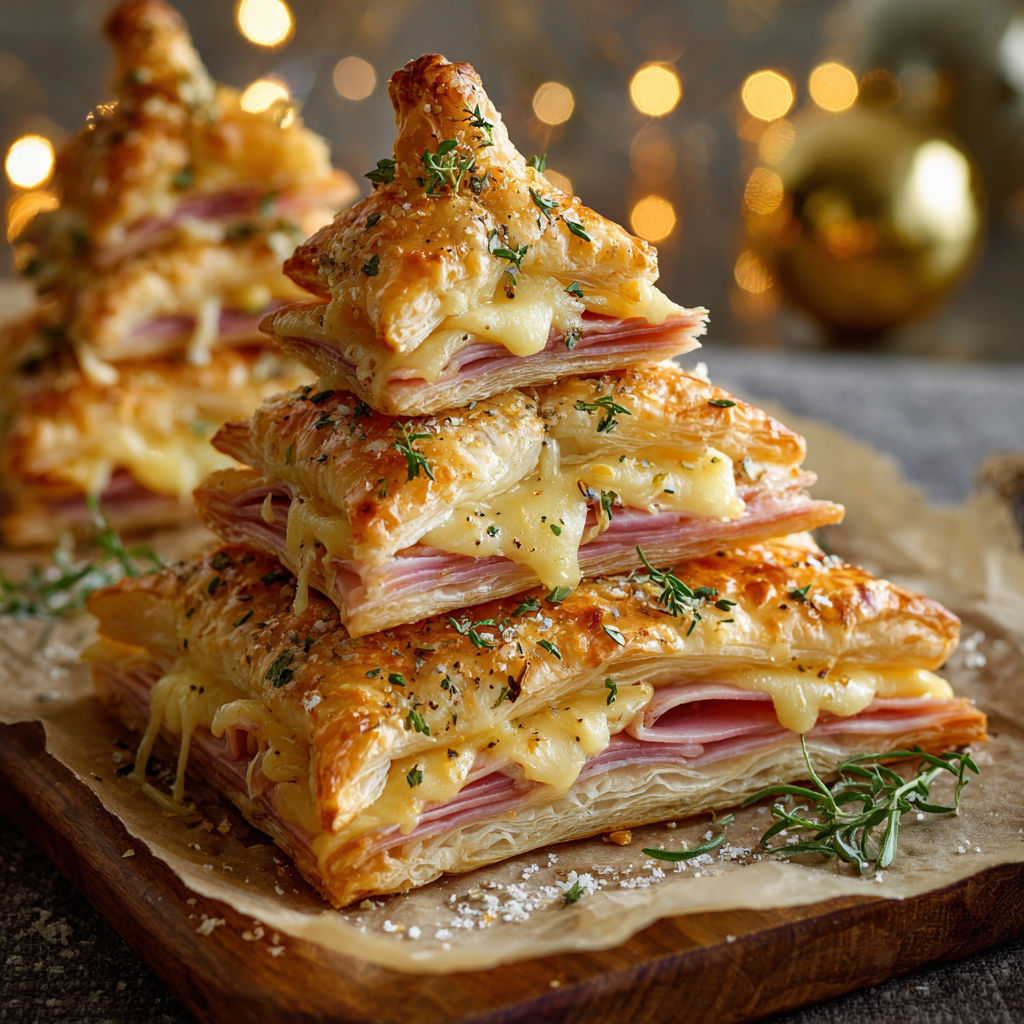 A stack of ham and cheese puff pastry sandwiches, topped with a sprinkle of cheese, are arranged to resemble a Christmas tree.