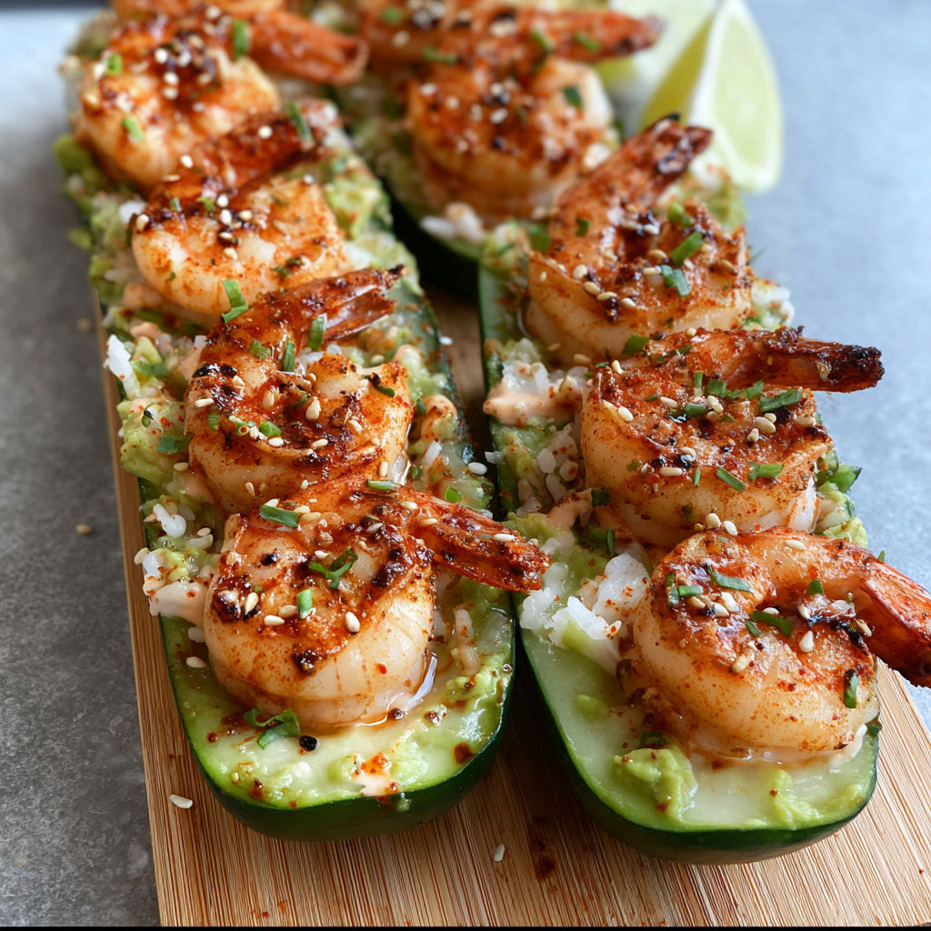 A wooden cutting board with a dish of Shrimp Avocado Cucumber Boats.