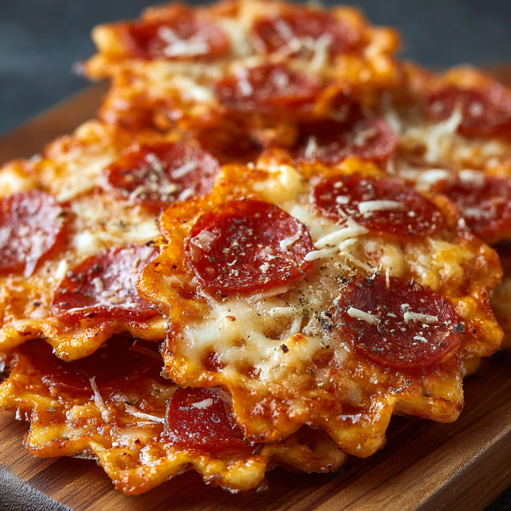 A wooden cutting board holds a delicious batch of homemade pepperoni pizza crackers.
