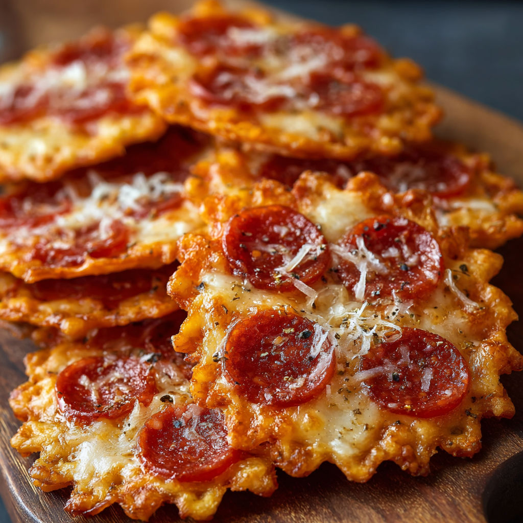 A wooden cutting board with a pizza topped with pepperoni and cheese.