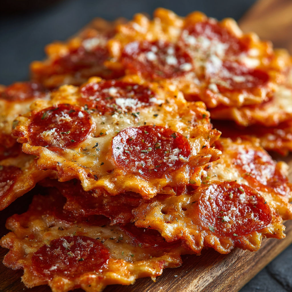 A stack of pepperoni pizza bites on a wooden cutting board.