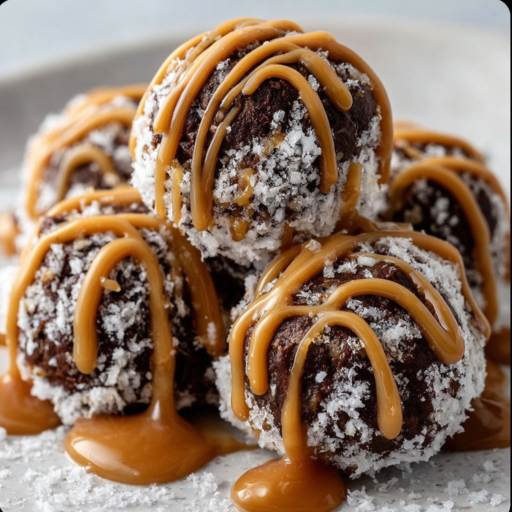 A plate of chocolate covered balls with caramel drizzle.