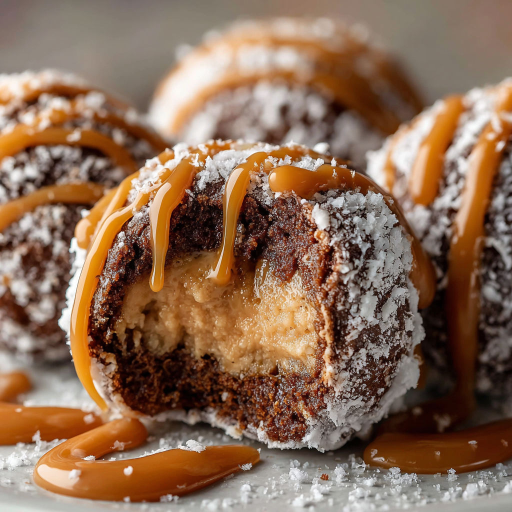 A plate of chocolate peanut butter balls with caramel drizzle.