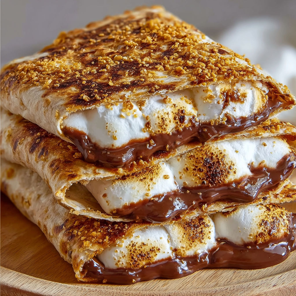 A delicious S'Mores Crunchwrap Ore is drizzled with chocolate sauce, making it a mouth-watering treat.